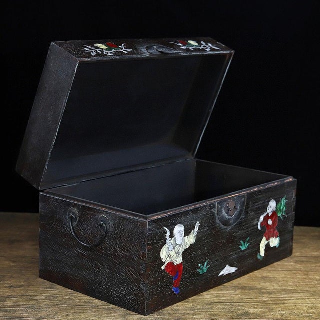 Black Dark Hardwood Storage Chest, Mother of Pearl Shell Inlay Figural Scenes, Decorative Trunk For Sale - Image 8 of 9