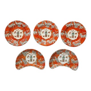 Antique Foo Dog Ashworth Brothers Ironstone Bandana Ware Set of Plates For Sale