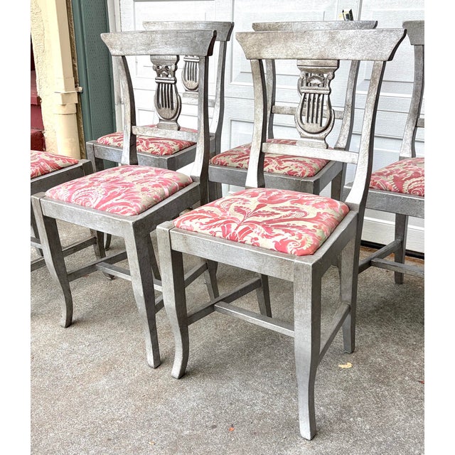 1980s Silvered Lyre Back Dining Chairs Fabric Attributed to Fortuny For Sale In San Francisco - Image 6 of 12