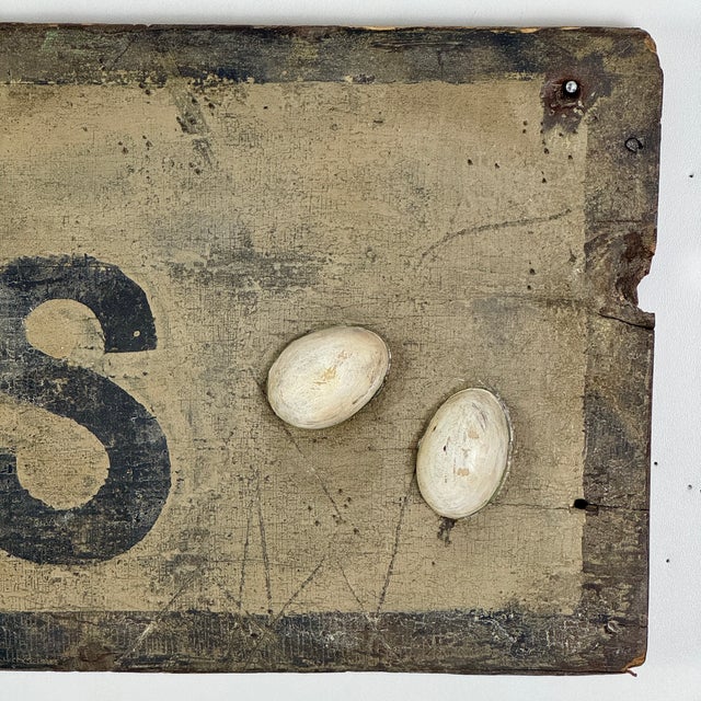 Antique 19th Century "Fresh Eggs" Wooden Sign With Applied Egg Shells For Sale - Image 4 of 15
