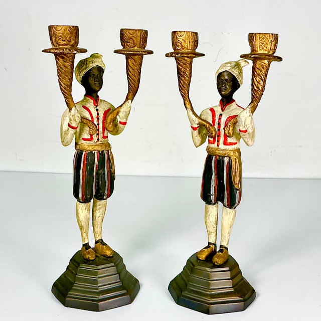 Early 1900s Antique Mediterranean Italian Venetian Moorish Painted Bronze Candelabras - A Pair For Sale - Image 16 of 17