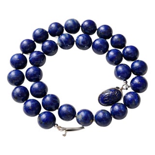 Lapis Lazuli Beaded Necklace With Vintage Sterling Silver Scarab Clasp For Sale