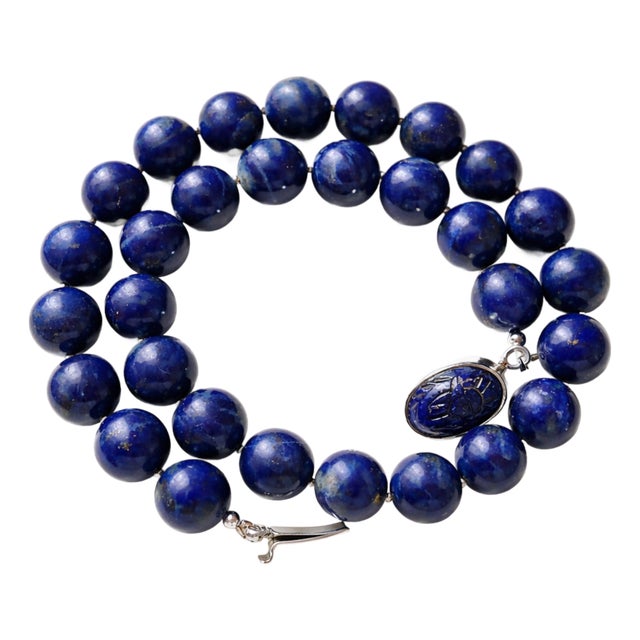 Lapis Lazuli Beaded Necklace With Vintage Sterling Silver Scarab Clasp For Sale