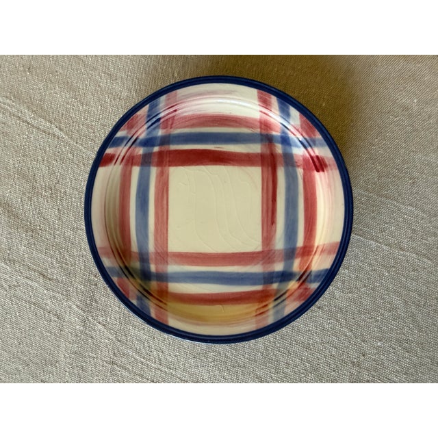 Mid-Century Modern 1950s MCM Set of Seven (7) Metlox Vernonware Calico Red and Blue Plaid 6.5” Bread Plates For Sale - Image 3 of 7
