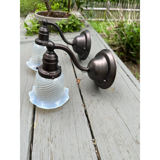Pair of Antique Brass Sconces With Vintage Opalescent Shades For Sale In New York - Image 6 of 7