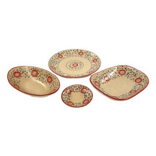 Set of 4 Bat Trang Vietnamese Ceramic Serving Dishes Hand Painted Red Floral & Blue Vine Pattern For Sale