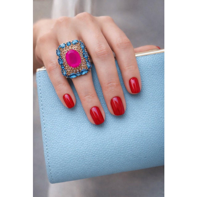 Pink Bochic “Capri” Vintage Ruby & Blue Topaz Ring Set In 18K Gold & Silver For Sale - Image 8 of 11