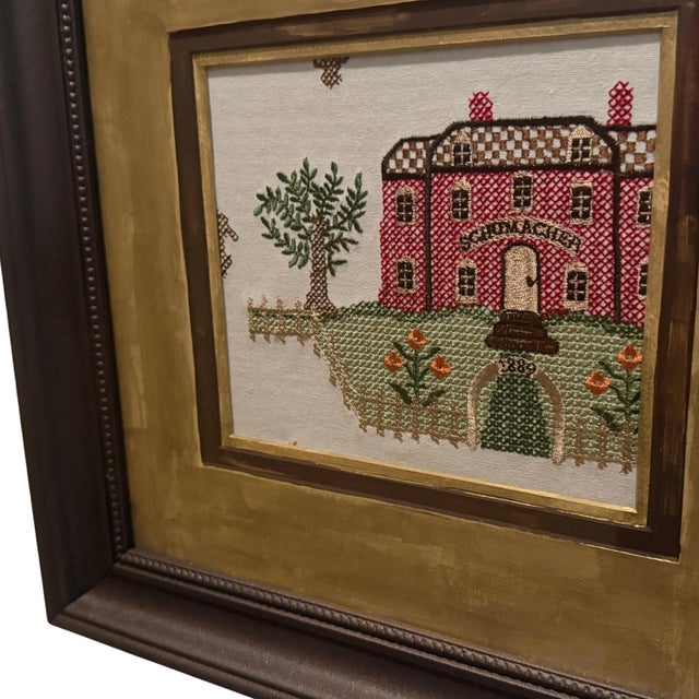 American Schumacher “Merrifield Sampler” Textile Art in Upcycled Burnt Umber Frame For Sale - Image 3 of 10