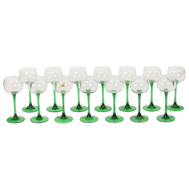 Glass Vintage Alsace Wine Glasses with Green Stems from Luminarc, 1970s, Set of 14 For Sale - Image 7 of 14