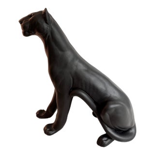Art Deco Style Large Matte Black Panther Sculpture From 80's For Sale