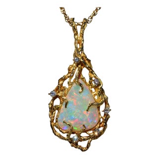The Cicero: Ladies Brutalist Style 14K Yellow Gold Opal and Diamond Pendant For Sale