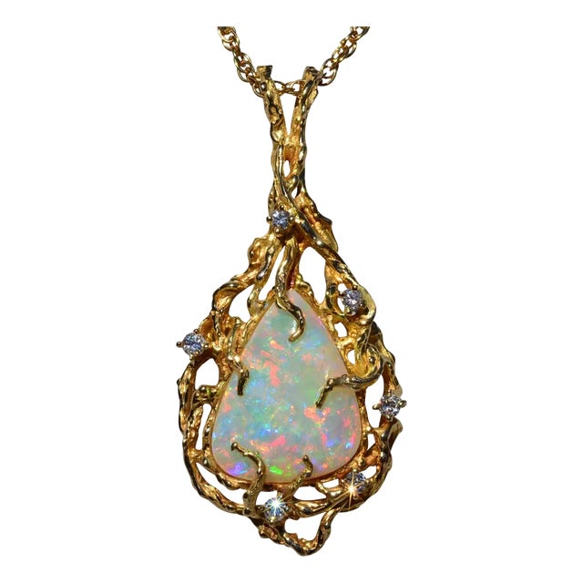 The Cicero: Ladies Brutalist Style 14K Yellow Gold Opal and Diamond Pendant For Sale