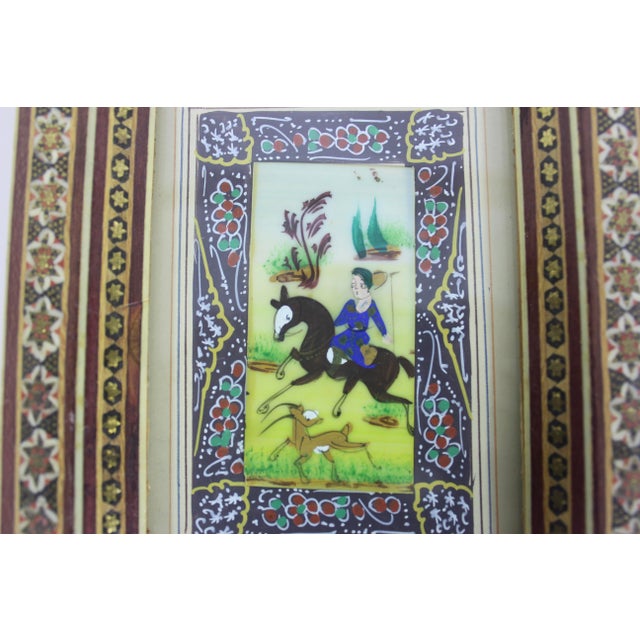 Wood Vintage Miniature Hunting Painting in Persian Khatam Picture Frame With Bone, Wood and Brass Inlay, Table Top Easel Inlaid For Sale - Image 7 of 12