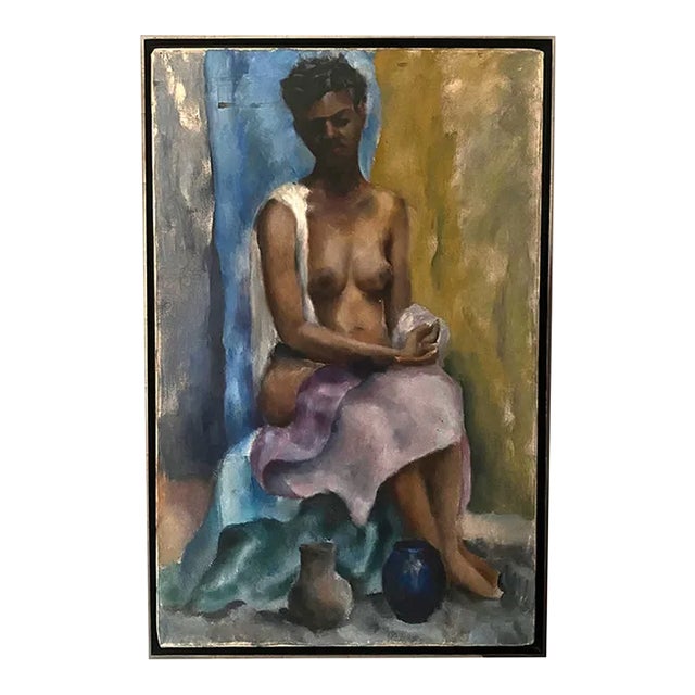 Vintage Figurative Seated Female Acrylic Painting For Sale