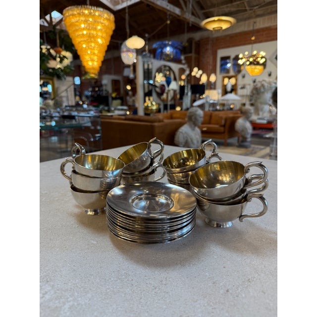 Italian Silver-Plate Tea Cup and Saucer Set, 12 Pieces, Mid-Century For Sale - Image 17 of 17