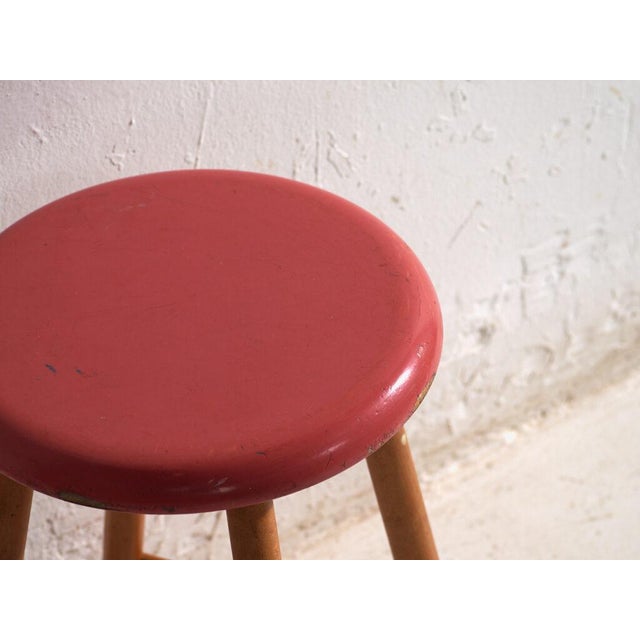 Mid-Century Modern Vintage Wooden Stool with Round Seat, Central Europe, 1950 For Sale - Image 3 of 7