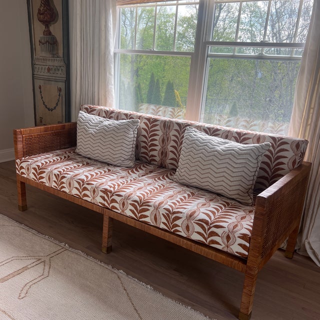Billy Baldwin for Bielecky Brothers Mid Century Rattan Cane Tuxedo Sofa With Penny Morrison Linen Fabric. Please note the...
