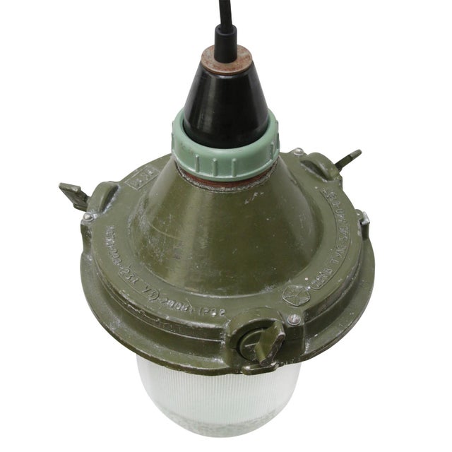 Industrial Industrial Reeded Clear Glass and Green Metal Pendant Light For Sale - Image 3 of 6