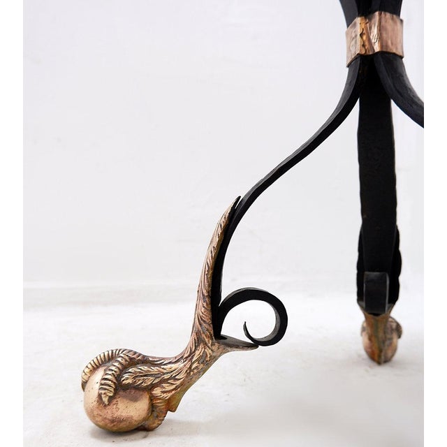 Wrought Iron Tripod Side Table with Brass Decorations and Alabaster Top, 1950s For Sale - Image 5 of 15