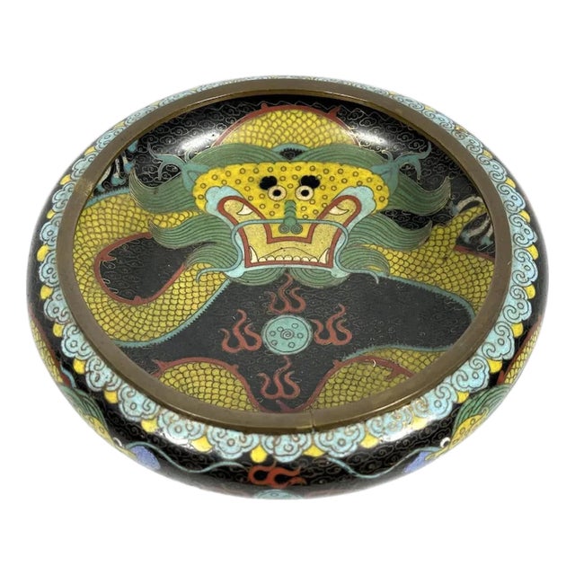Antique Chinese Cloisonne Bowl: Dragon & Flaming Pearl Design For Sale