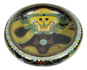 Antique Chinese Cloisonne Bowl: Dragon & Flaming Pearl Design