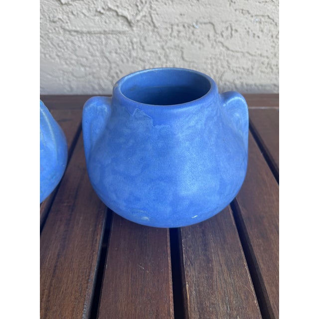 1920s Folk Art Pottery Brush McCoy Vellum Blue Glaze Fawn Vases - Pair For Sale - Image 5 of 7