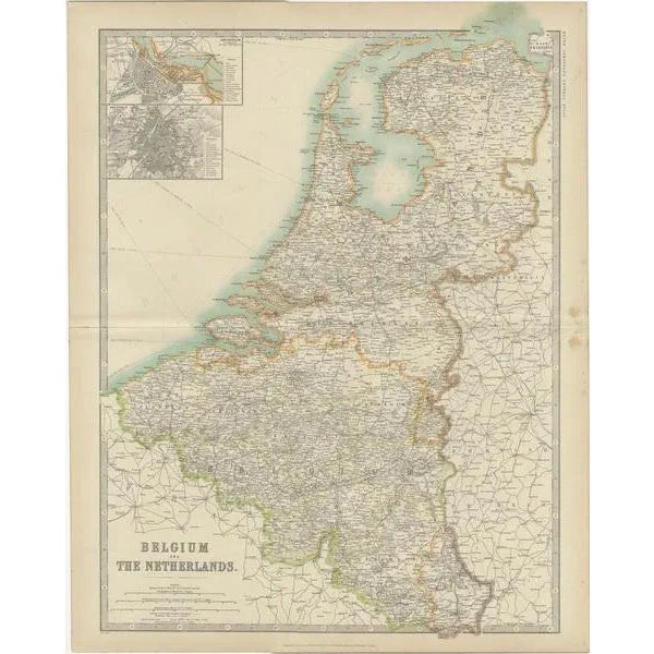 Antique map titled 'Belgium and The Netherlands'. Original antique map of Belgium and the Netherlands. with inset maps of...