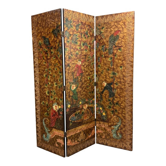 Chinoiserie Hand Painted Triple Panel Room Divider For Sale