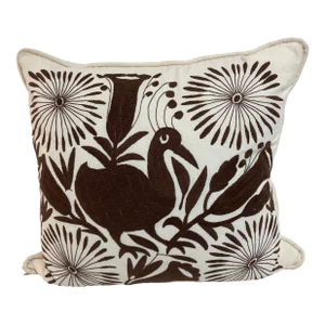 Crewel Work Hand Embroidered Brown Bird Toss Pillow -2