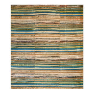 Attractive Tan-Camel Background Color With Colorful Stripe Pattern Antique American Shaker Rag Rug For Sale