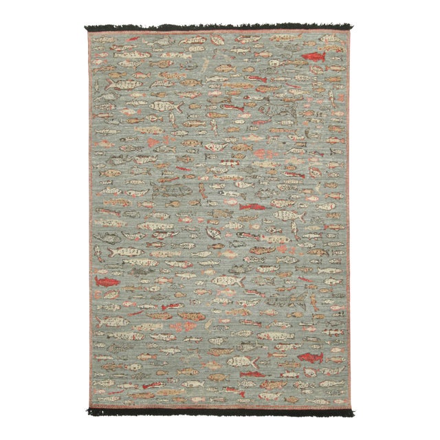 Rug & Kilim’s Pictorial Art Rug in Blue With Polychromatic Fish Illustrations For Sale