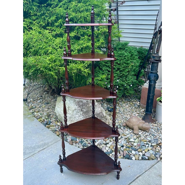 Victorian Early 20th Century, Victorian, Five-Tier, Mahogany, What-Not Display Shelf, Turned Spindle Supports, Stick and Ball Detailing, Corner Etagere For Sale - Image 3 of 10