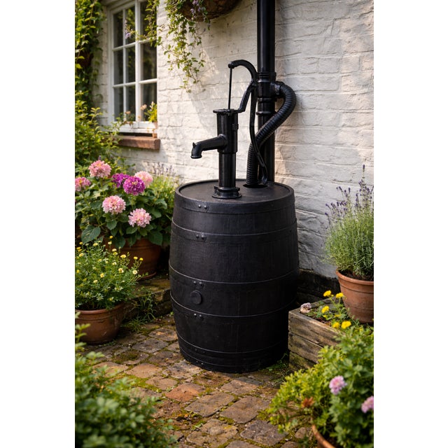 A striking cast iron garden water pump mounted on a black painted wooden barrel, designed as a decorative rainwater...