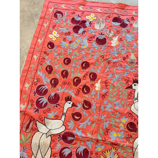 Coral Silk Suzani Wall Hanging With White Peacocks For Sale - Image 10 of 10