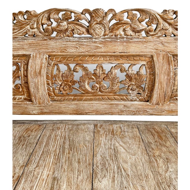 Wood Vintage Washed Teak Sleigh Arm Outdoor / Indoor Bench For Sale - Image 7 of 7