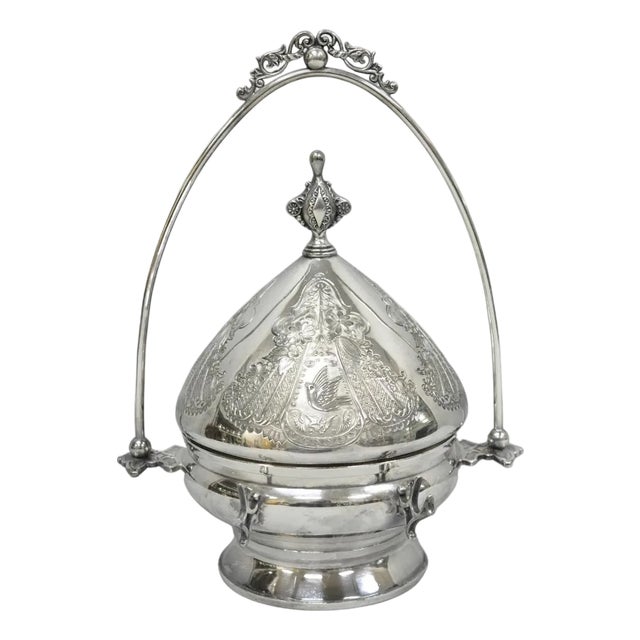 Antique English Art Nouveau Silver Plated Covered Butter Serving Dish W / Birds For Sale