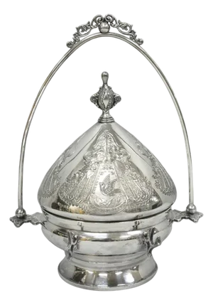 Antique English Art Nouveau Silver Plated Covered Butter Serving Dish W / Birds