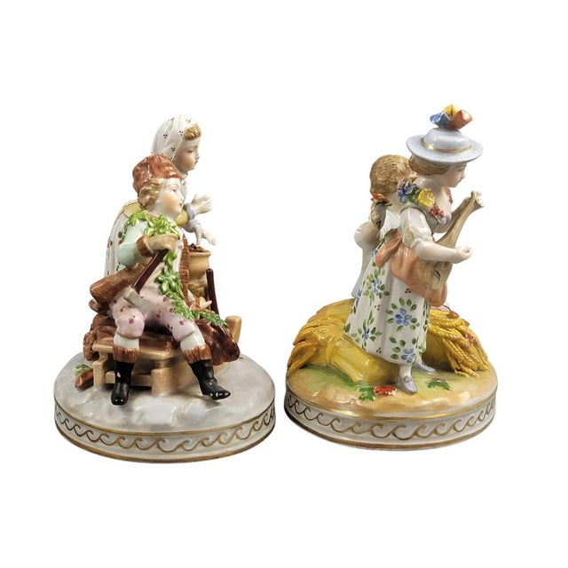 This pair of dresden porcelain figure groups represents the allegorical seasons “summer” and “winter” from the four...