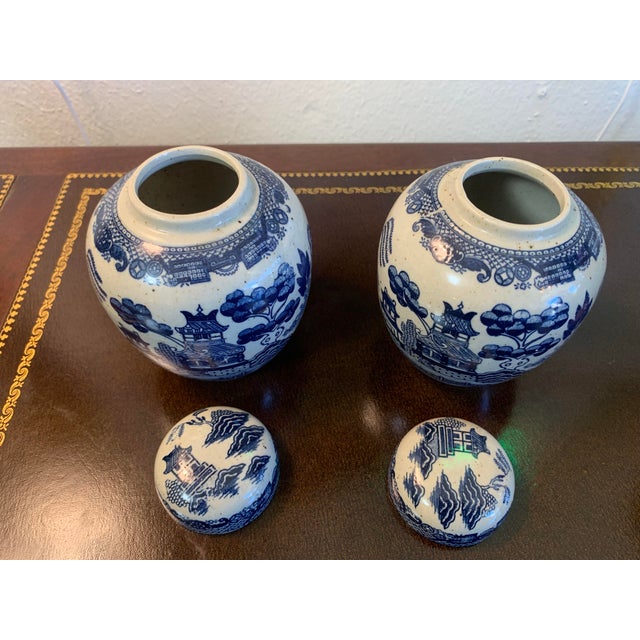 A beautiful vintage Japanese Willow porcelain ginger jar dating to the 1940s. Handcrafted in Japan, this charming piece...