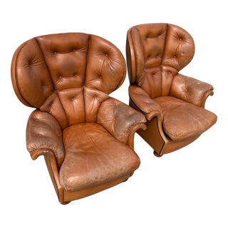 Leather Armchairs with High Backrests, 1970s, Set of 2 For Sale