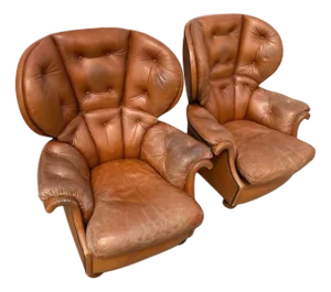 Leather Armchairs with High Backrests, 1970s, Set of 2