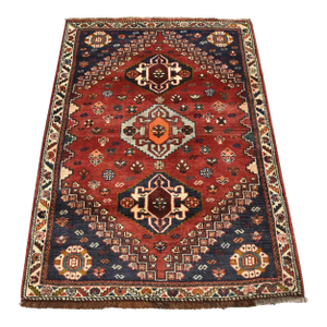 Qashqai Rug 3'4'' X 4'10'' Red Wool Vintage Tribal Hand-Knotted Oriental Carpet