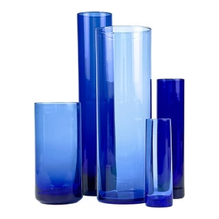 Timeless Vintage Cylindrical Cobalt Glass Vase Curation - Group of 5 For Sale