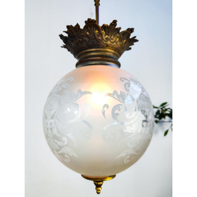 Antique Etched Glass Globe Pendant Light with Brass Gallery For Sale - Image 5 of 10