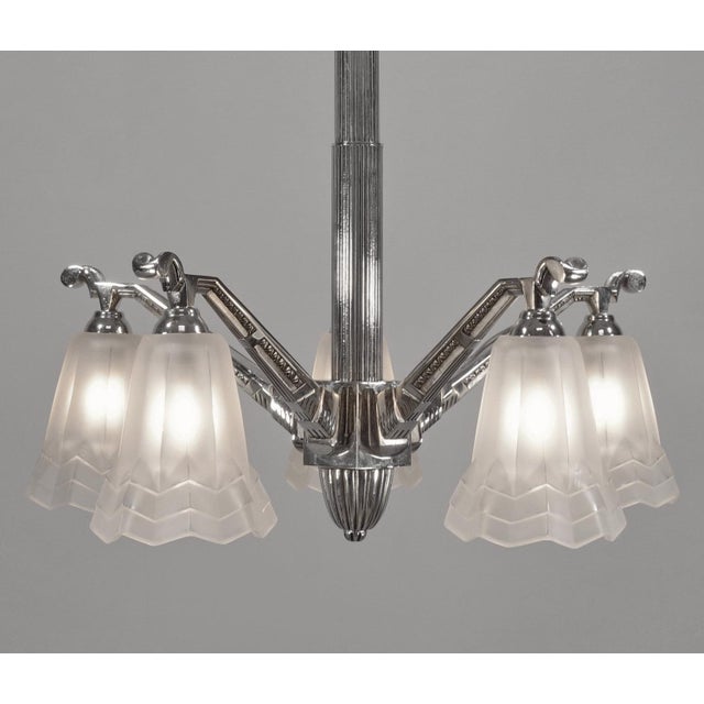 David Gueron Degue Degue French Art Deco Chandelier 1930s - Stepped Geometric Frosted Glass For Sale - Image 4 of 11