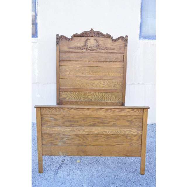 Late 19th Century Antique Eastlake Victorian Oak Wood Tall Headboard Full Size Bed Frame For Sale - Image 10 of 10
