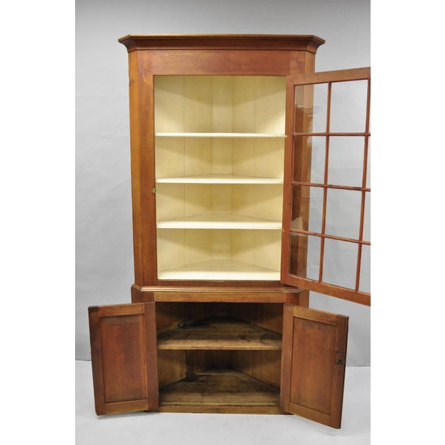 Antique Colonial Primitive Cherry Wood Glass Front Corner China Cabinet Cupboard For Sale - Image 13 of 18