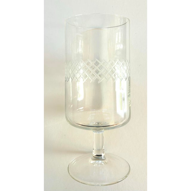 Mid-Century Modern 1960s Mid-Century Etched Water/ Wine Goblets Criss-Cross Band Center Set of 6 For Sale - Image 3 of 7