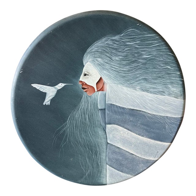 1990s Round Tondo Painting - Southwestern Indigenous Portrait & Hummingbird- Signed Styled After Frank Howell For Sale
