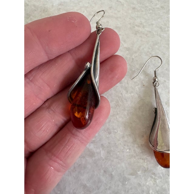 Vintage Amber and Sterling Silver Lily Drop Earrings For Sale - Image 4 of 5